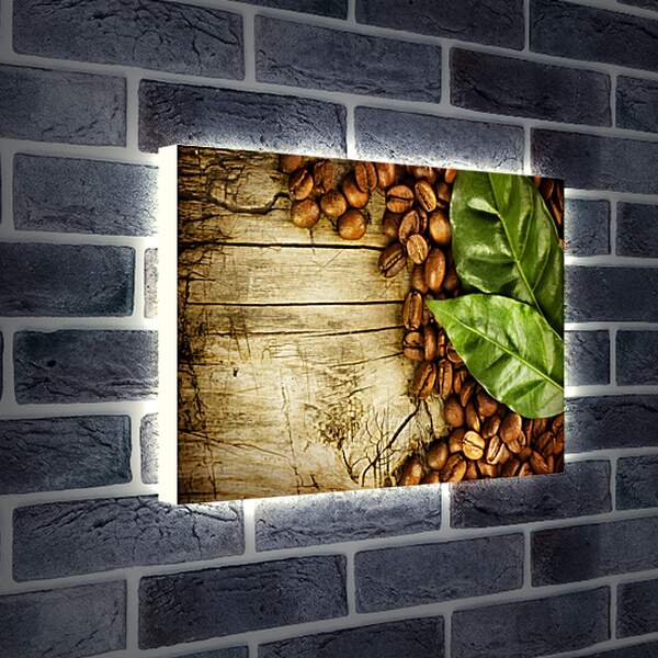 Лайтбокс световая панель - Кофейные зёрна прикрытые листьями