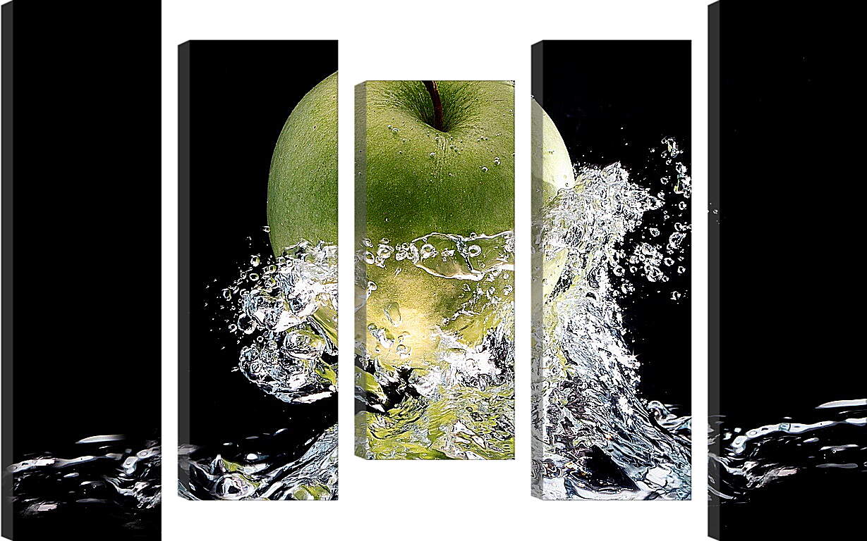 Модульная картина - Зеленое спелое яблоко в брызгах воды