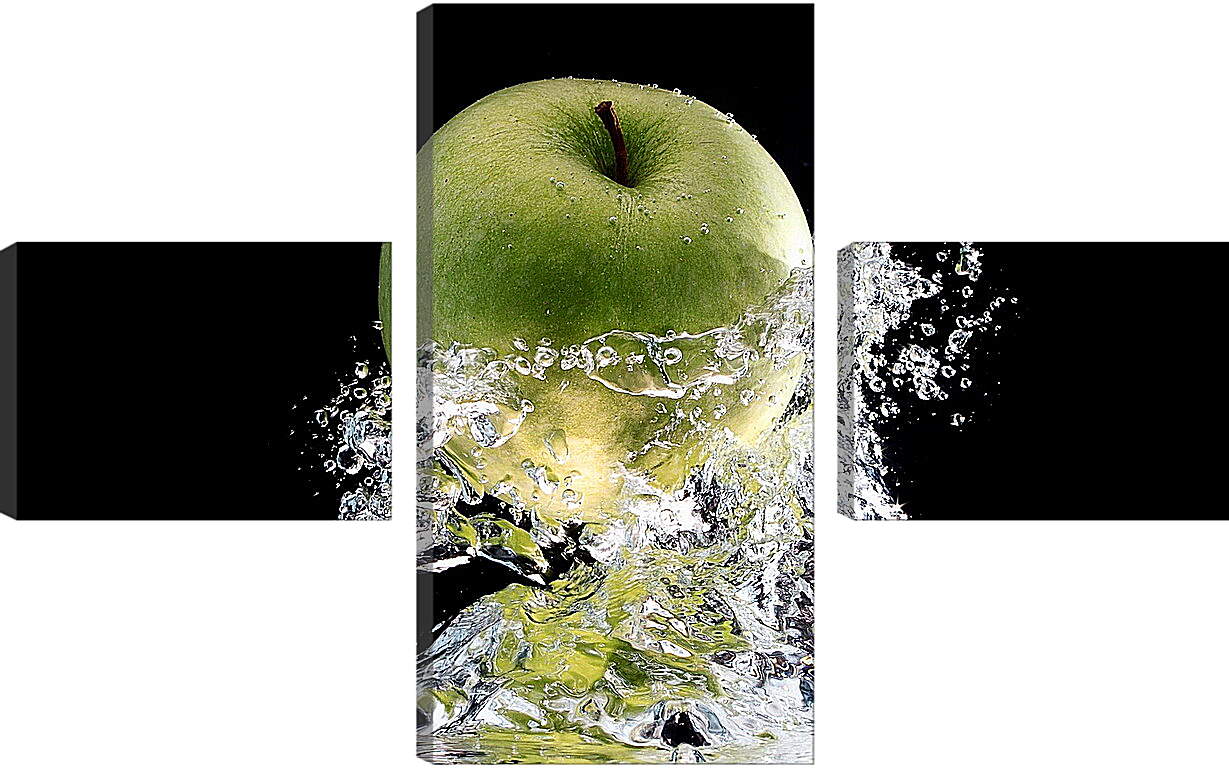 Модульная картина - Зеленое спелое яблоко в брызгах воды