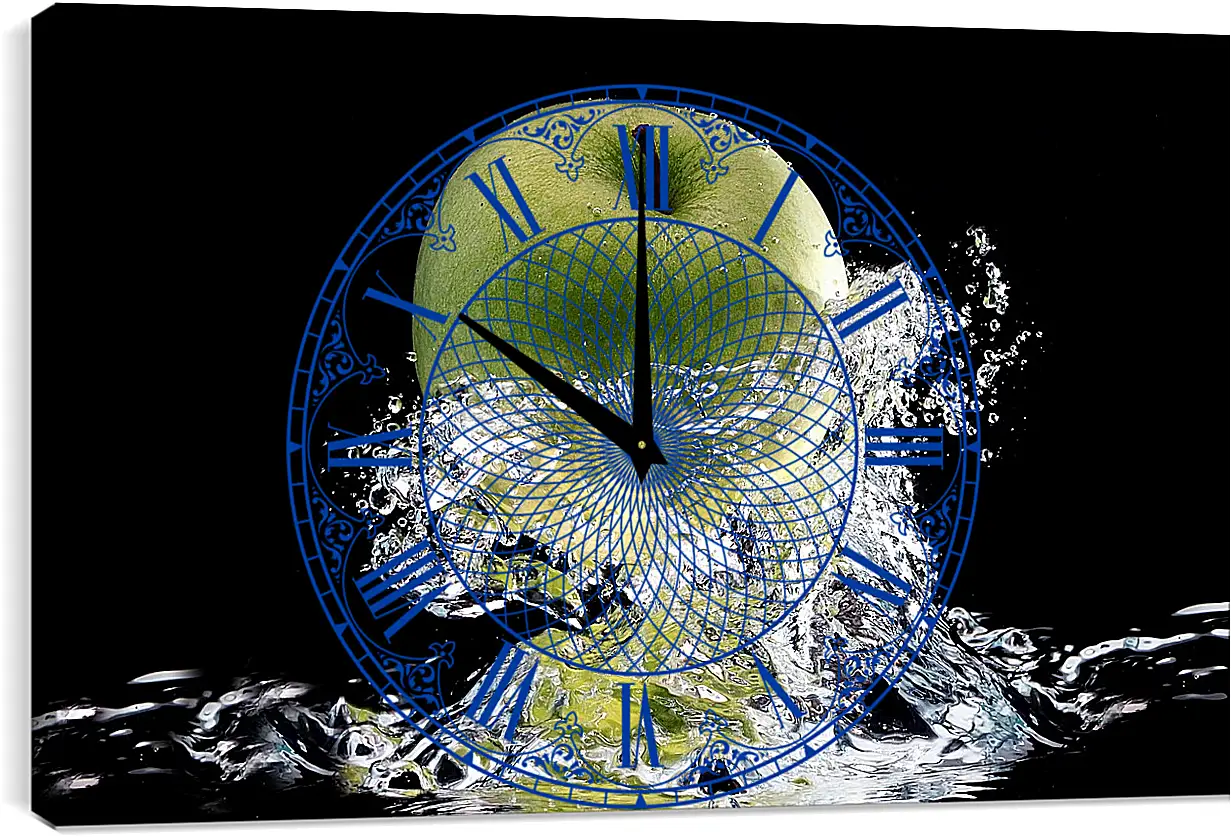 Часы картина - Зеленое спелое яблоко в брызгах воды