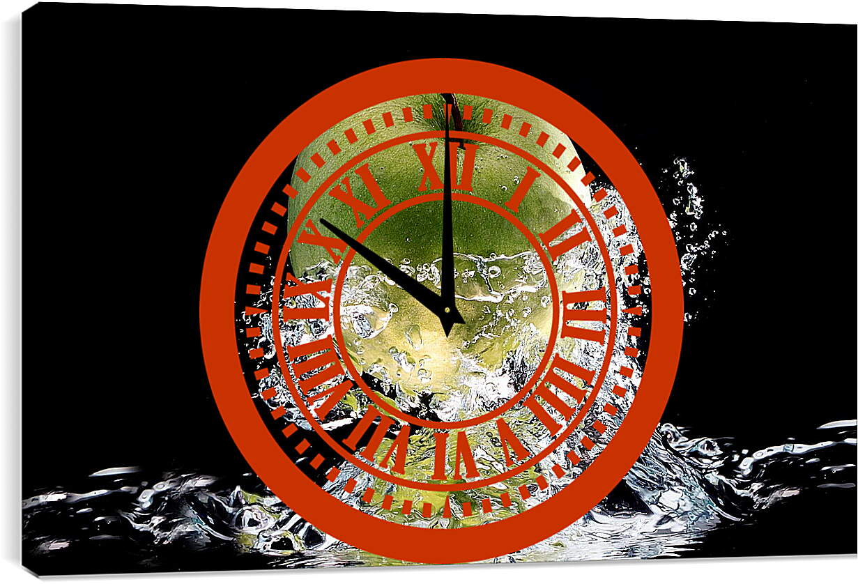 Часы картина - Зеленое спелое яблоко в брызгах воды
