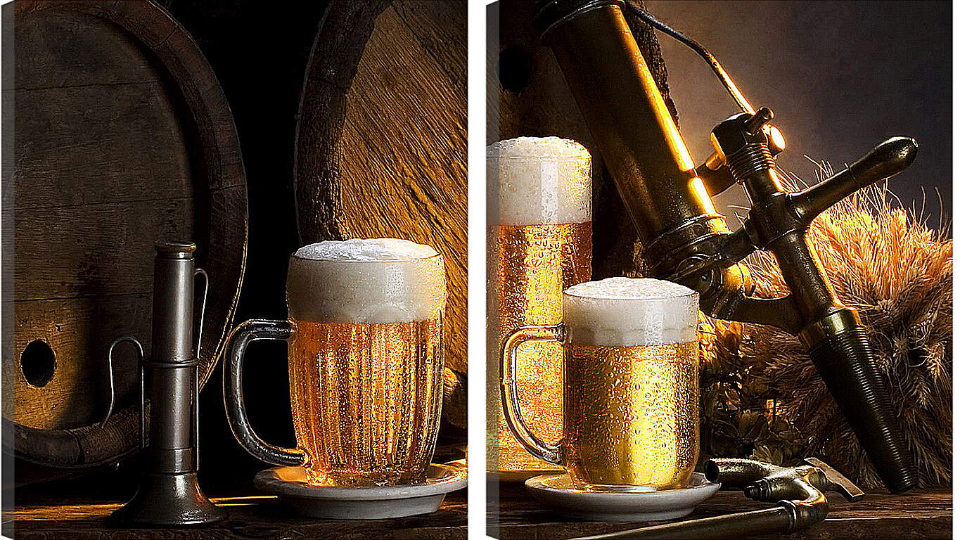 Модульная картина - Бочки и три кружки пива