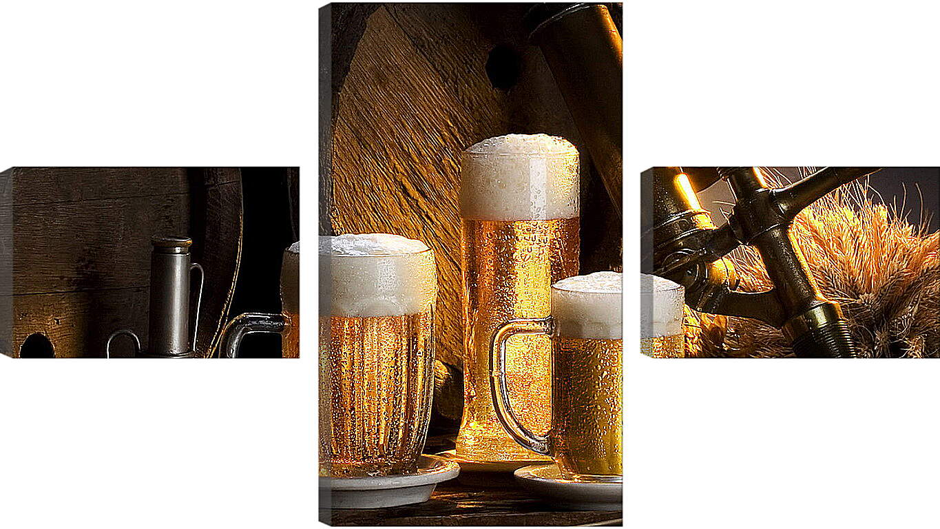Модульная картина - Бочки и три кружки пива