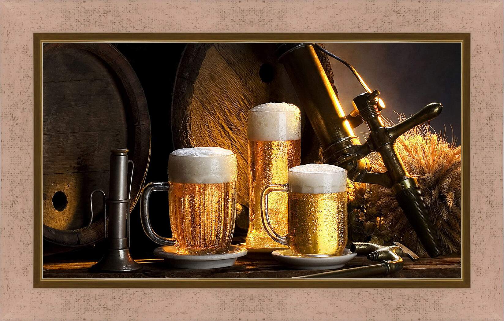 Картина в раме - Бочки и три кружки пива