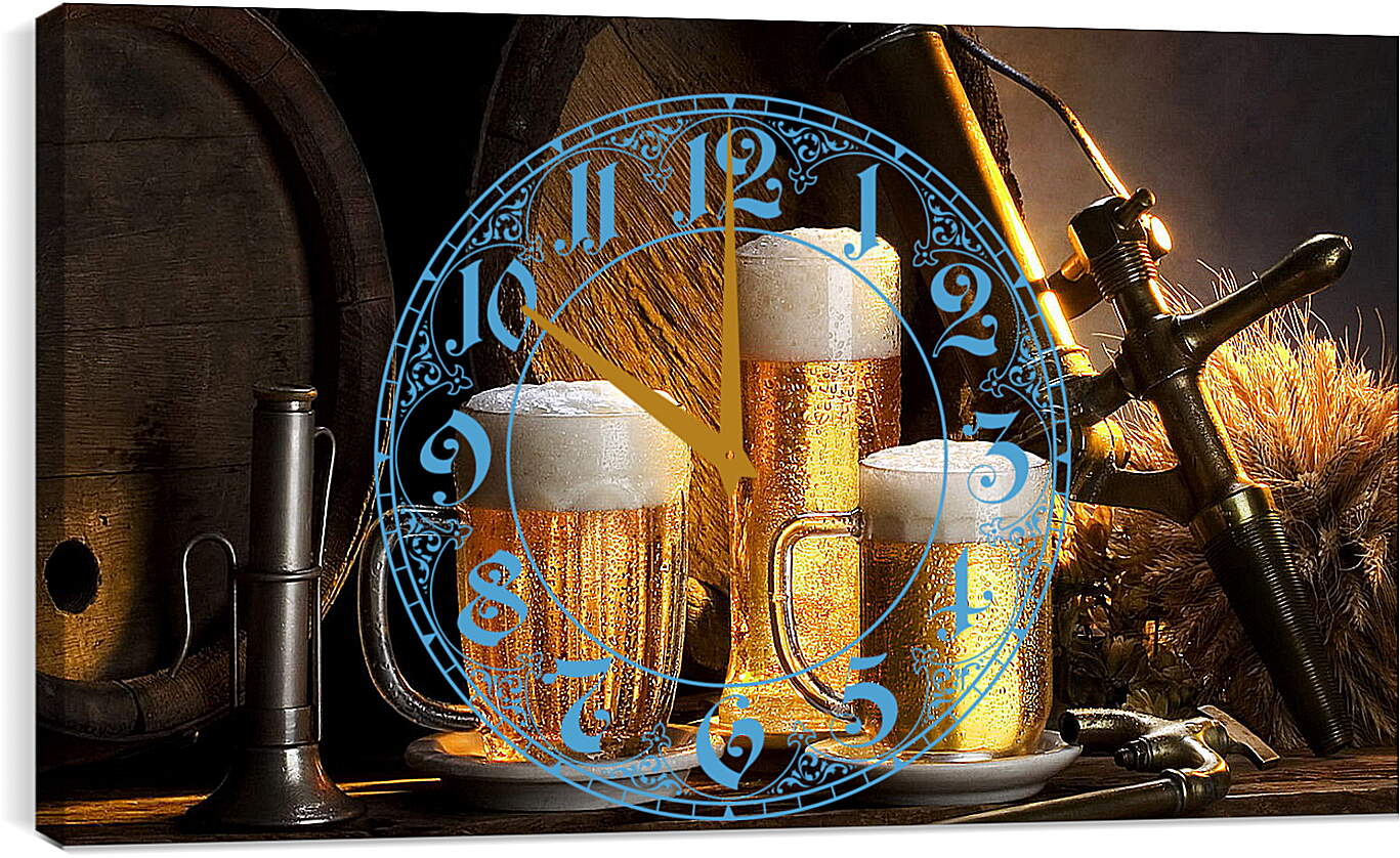 Часы картина - Бочки и три кружки пива