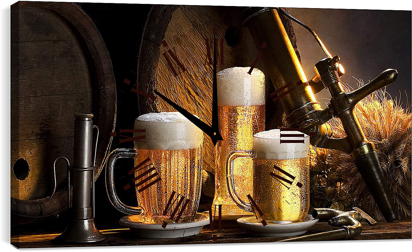 Часы картина - Бочки и три кружки пива