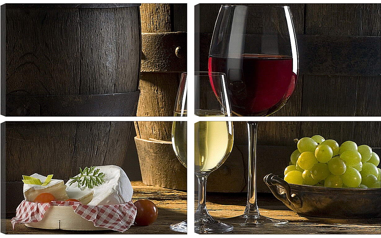 Модульная картина - Бокал красного и бокал белого вина с виноградом на столе