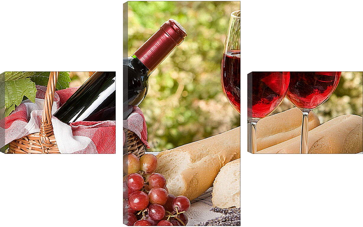 Модульная картина - Два бокала вина и бутылка в корзине