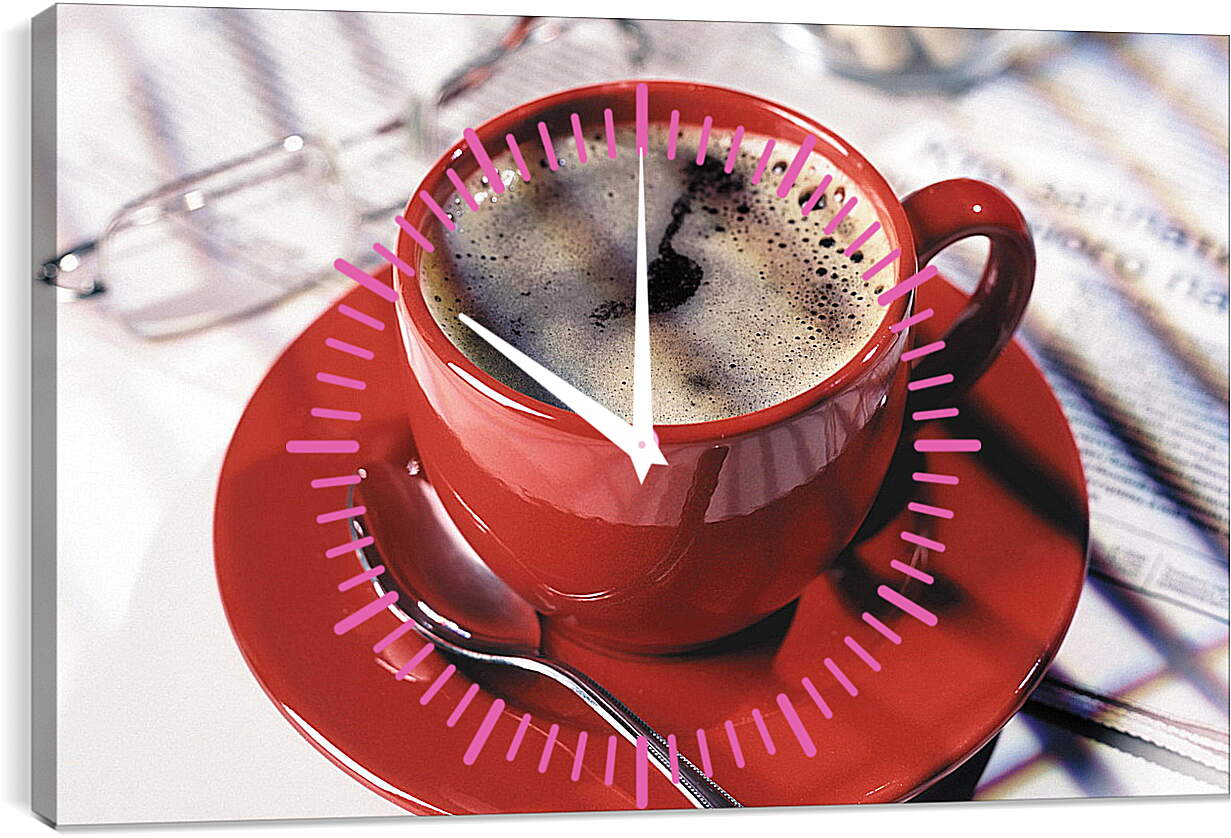 Часы картина - Красная чашка кофе на блюдце