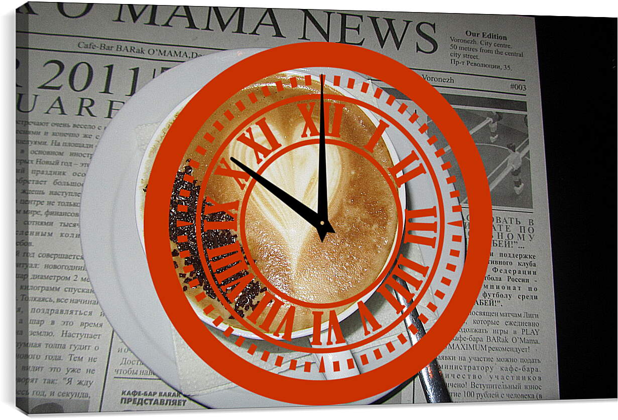 Часы картина - Чашка кофе с блюдцем на газете