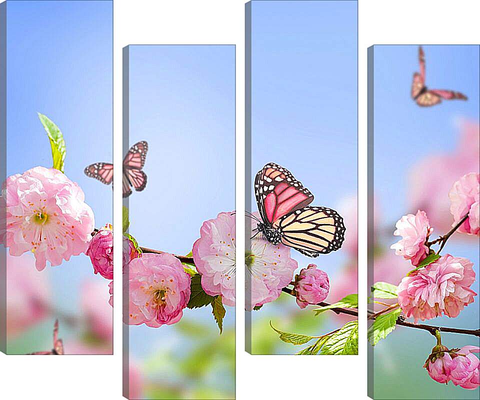 Модульная картина - Бабочки и розовые цветы