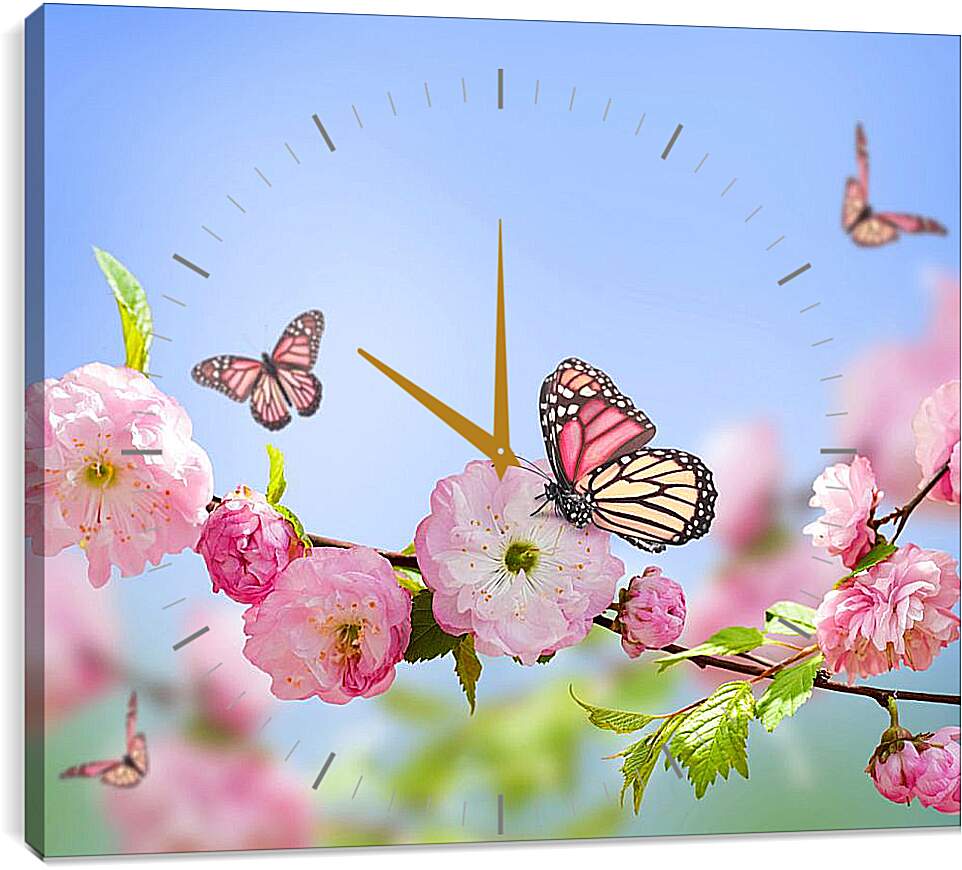 Часы картина - Бабочки и розовые цветы