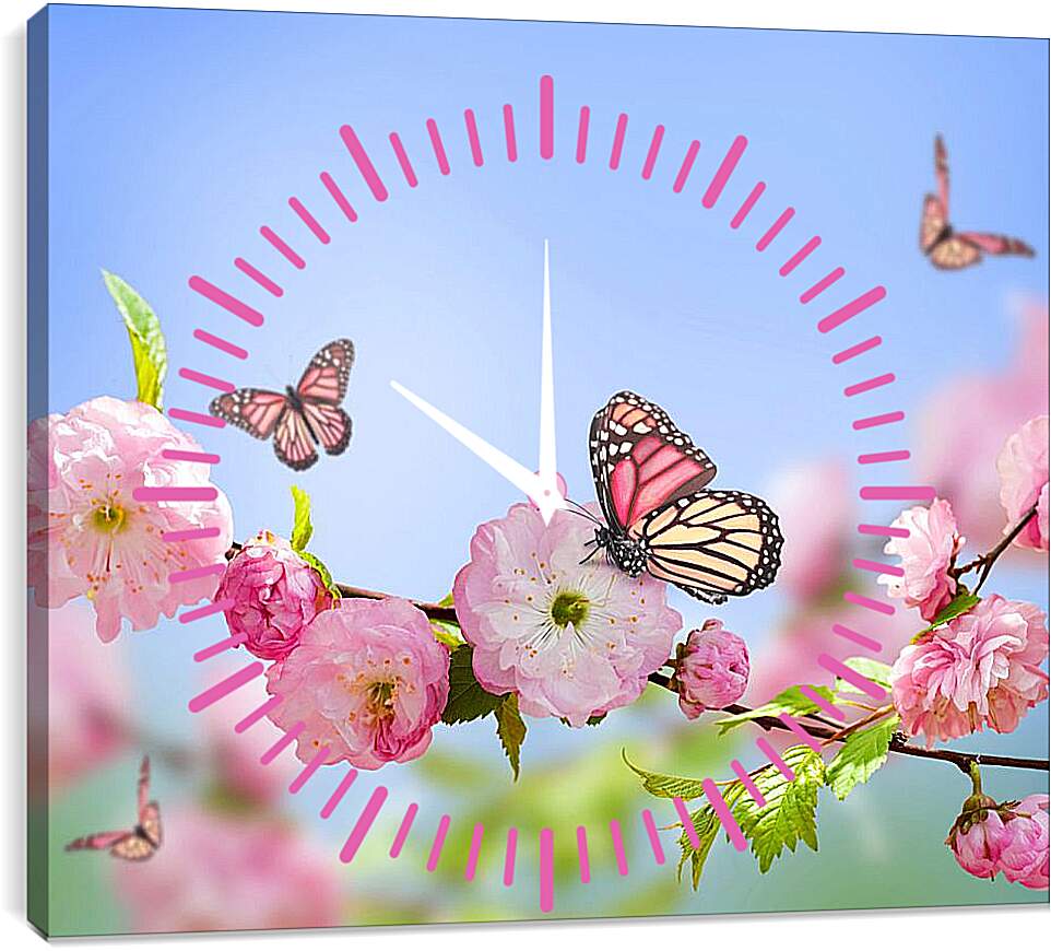 Часы картина - Бабочки и розовые цветы
