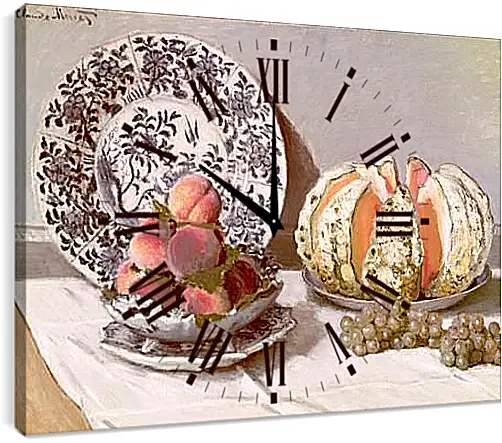 Часы картина - Still Life with a Melon (1872). Клод Моне