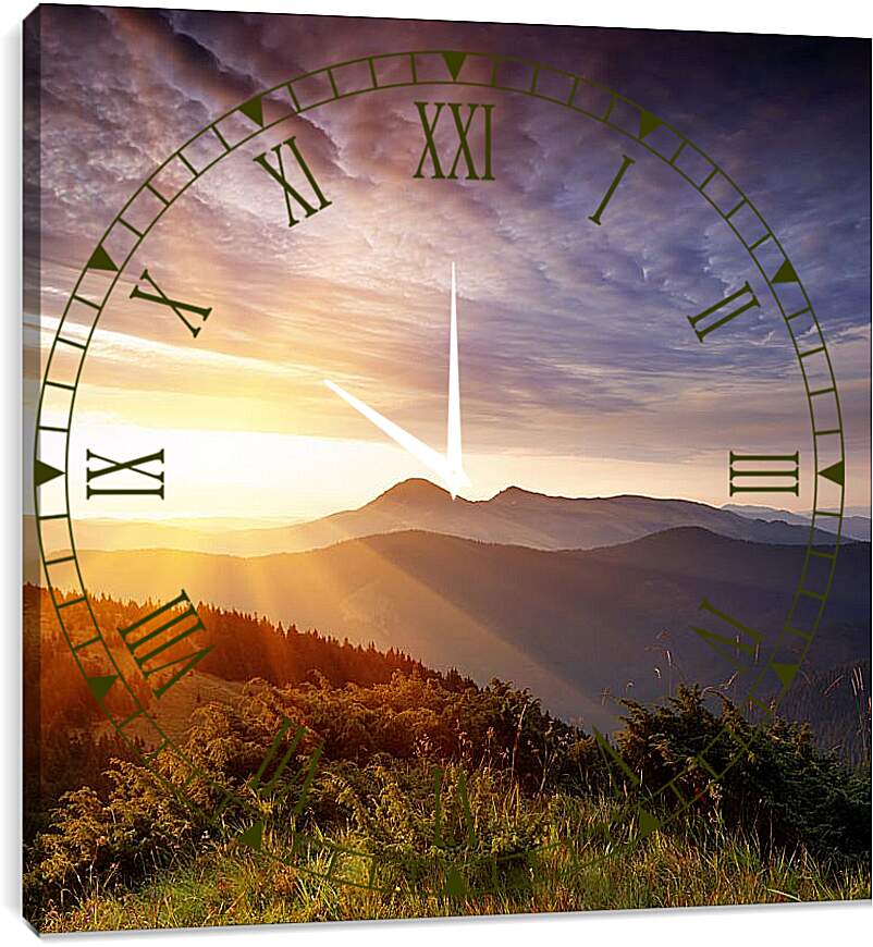 Часы картина - Яркое солнце над горами