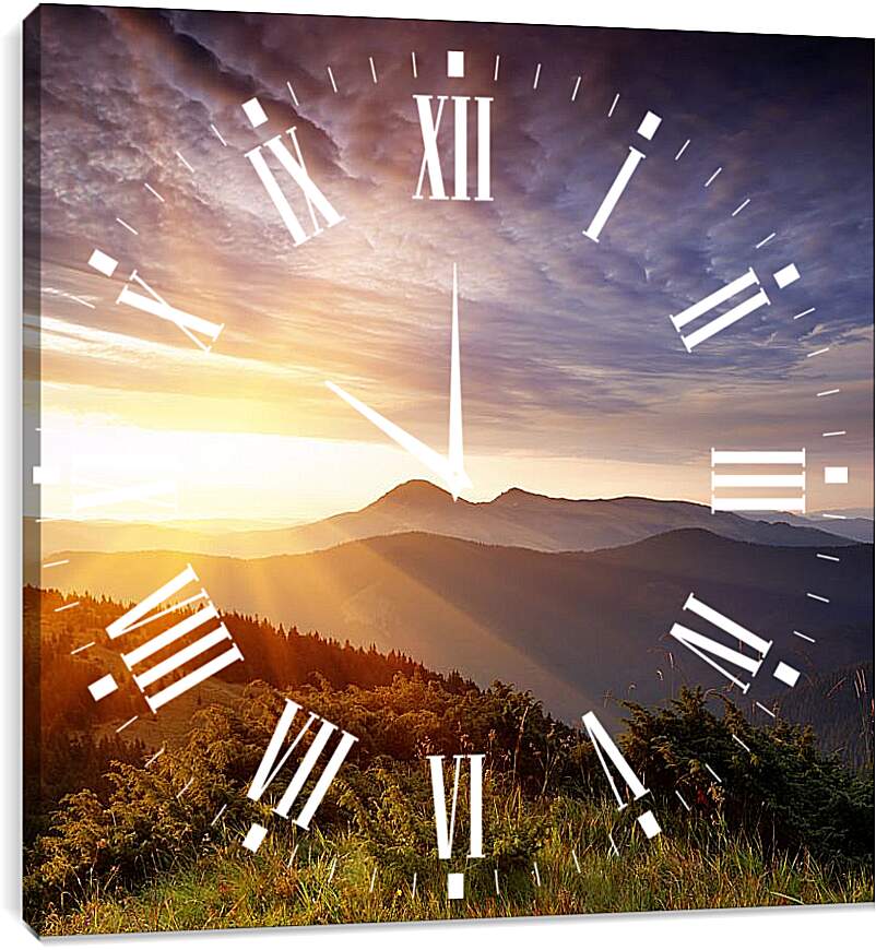 Часы картина - Яркое солнце над горами