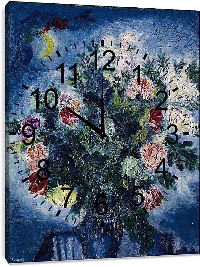 Часы картина - Bouquet de fleurs avec amoureux. Марк Шагал
