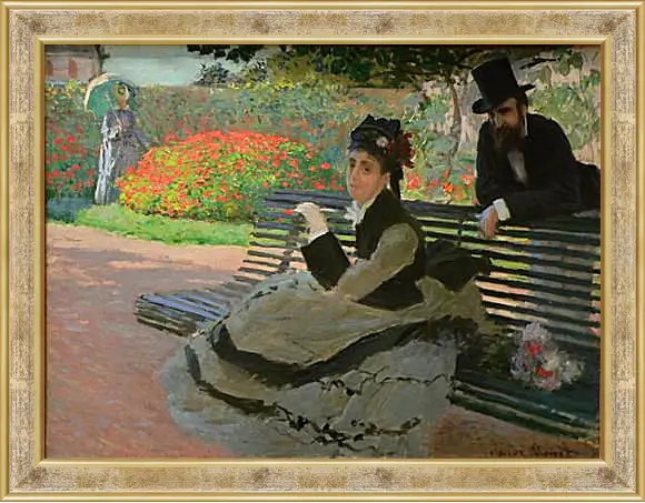 Картина в раме - Camille Monet on a Garden Bench. Клод Моне