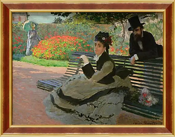 Картина в раме - Camille Monet on a Garden Bench. Клод Моне