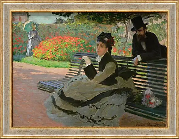 Картина в раме - Camille Monet on a Garden Bench. Клод Моне