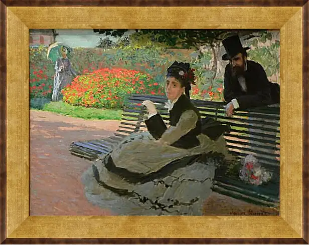 Картина в раме - Camille Monet on a Garden Bench. Клод Моне