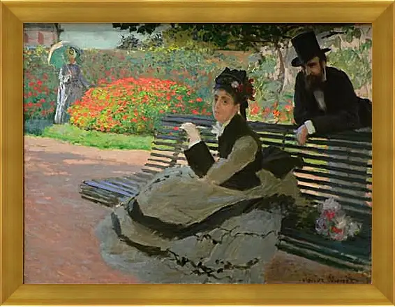 Картина в раме - Camille Monet on a Garden Bench. Клод Моне