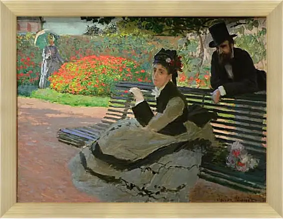 Картина в раме - Camille Monet on a Garden Bench. Клод Моне