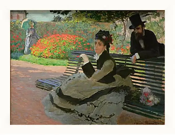 Картина в раме - Camille Monet on a Garden Bench. Клод Моне