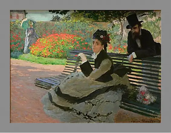 Картина в раме - Camille Monet on a Garden Bench. Клод Моне