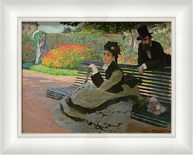 Картина в раме - Camille Monet on a Garden Bench. Клод Моне