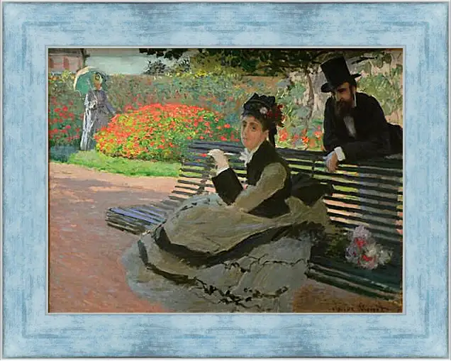 Картина в раме - Camille Monet on a Garden Bench. Клод Моне