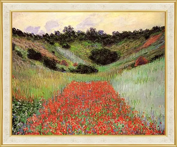 Картина в раме - Poppy Field of Flowers in a Valley at Giverny. Клод Моне