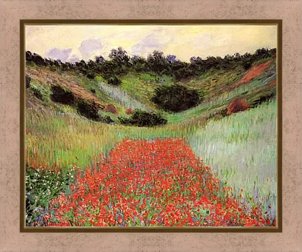 Картина в раме - Poppy Field of Flowers in a Valley at Giverny. Клод Моне