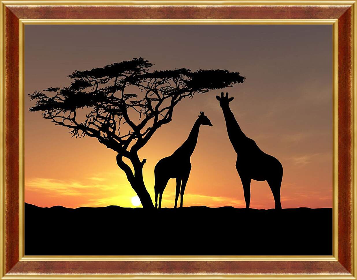 Картина в раме - Пара жирафов на закате