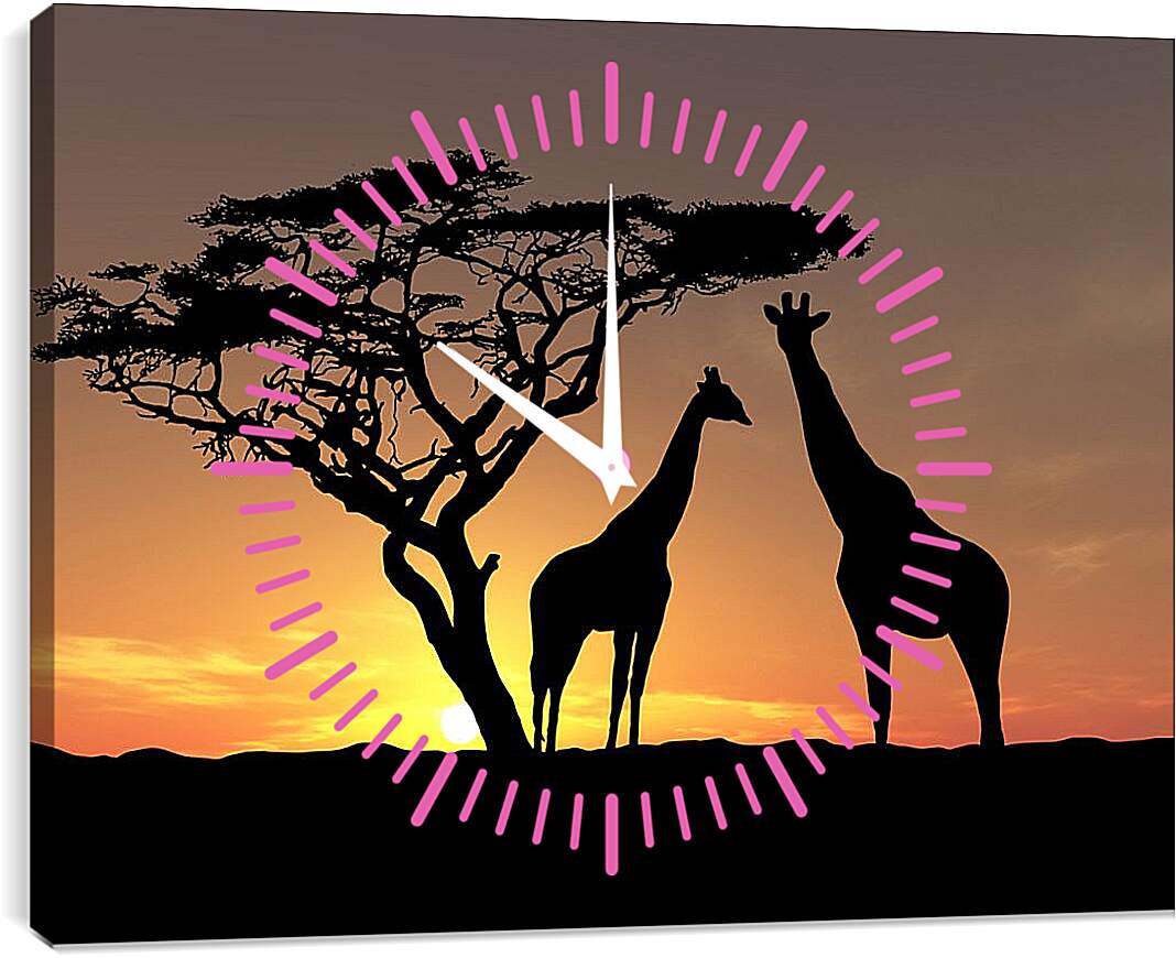 Часы картина - Пара жирафов на закате