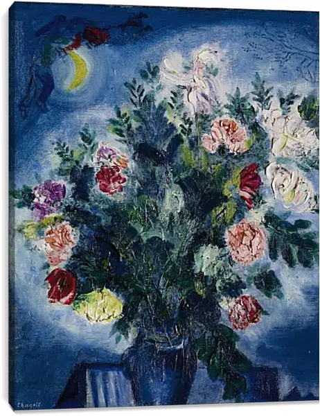 Постер на подрамнике - Bouquet de fleurs avec amoureux. Марк Шагал Постер на подрамнике - Bouquet de fleurs avec amoureux. Марк Шагал