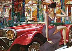 Плакат на стену - Девушка и старинный автомобиль Плакат на стену - Девушка и старинный автомобиль