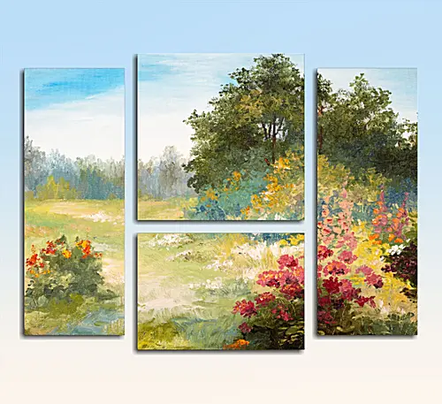 Модульная картина - field with flowers and forest Модульная картина - field with flowers and forest
